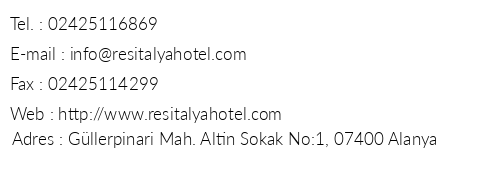 Resitalya Hotel telefon numaralar, faks, e-mail, posta adresi ve iletiim bilgileri